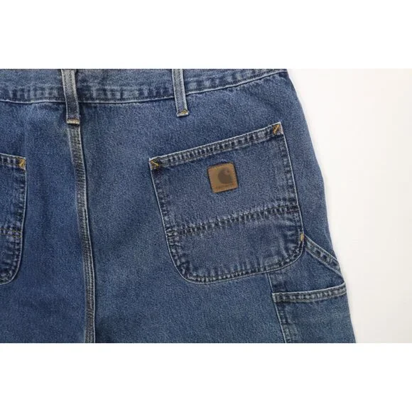 Vintage Carhartt Mens 40x30 Faded Spell Out Wide Leg Dungaree Denim Jeans Blue